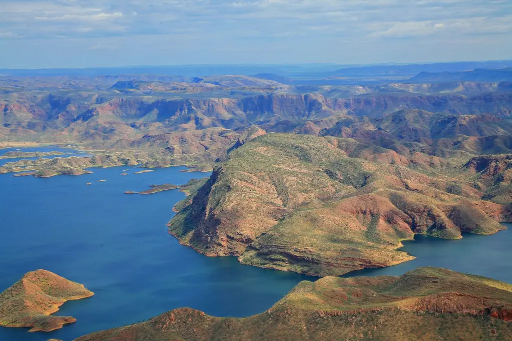 Lake Argyle, Australia’s largest reservoir, surrounded by rugged ranges